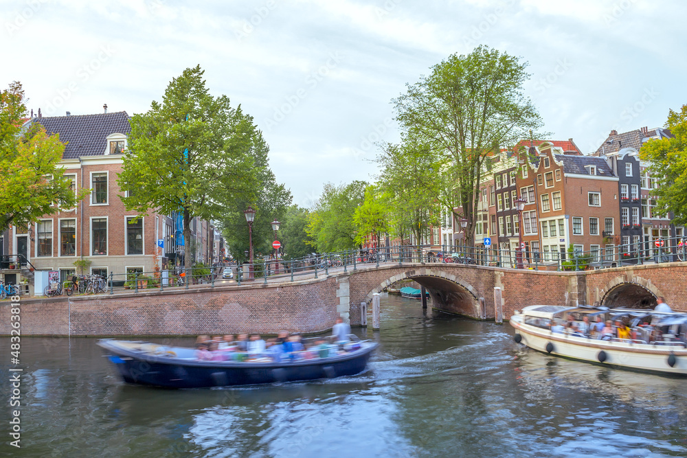 Water Traffic on the Amsterdam Canal in Spring