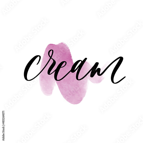 Cream. Lettering Inscription with makeup liquid foundation brush stroke lines and smears. Beauty creative decorative makeup logo banner. Grunge brush strokes of foundation tonal cream.