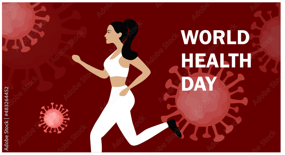 World health day concept, healthy woman running with covid-19 coronavirus disease pandemic background. Healthy strong lifestyle to prevent from covid-19 