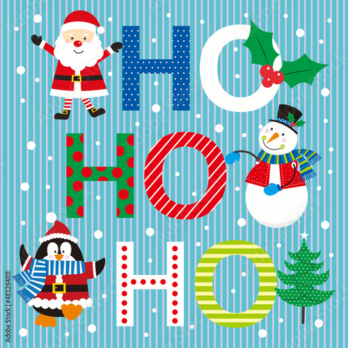 christmas card with santa claus, snowman, penguin and text ho ho ho