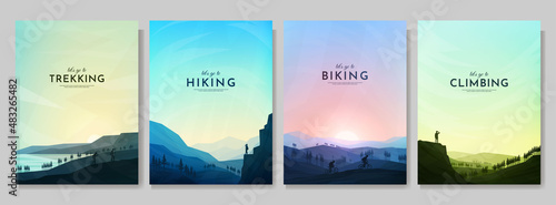 Vector illustration. Travel concept of discovering, exploring and observing nature. Hiking. Adventure tourism. Flat design background for poster, magazine, book cover, banner, invitation, brochure.