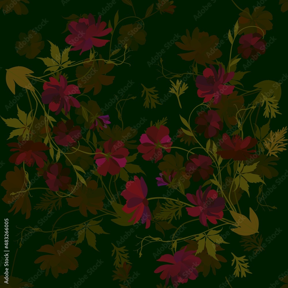 Beautiful natural floral pattern with bouquets of cosmos flowers with crimson petals on a dark green background. Seamless print for fabric in vector. Beautiful natural floral pattern with bouquets of cosmos flowers with crimson petals on a dark green background. Seamless print for fabric in vector.