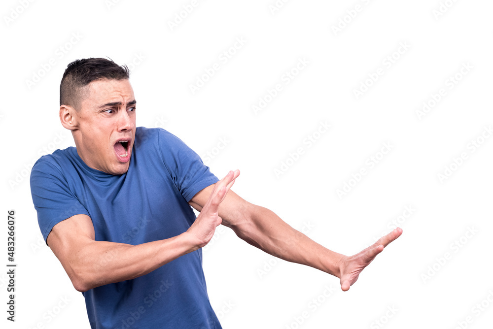 Man with open mouth while gesturing to move away Man with open mouth while gesturing to move away