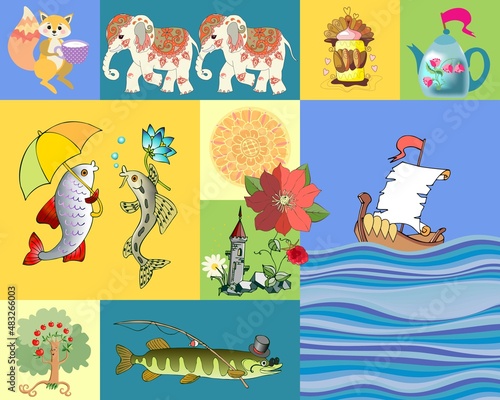 Patchwork pattern for baby with ship in ocean, funny fish, Indian elephants, fairytale castle, flowers, cake, teapot in shape of ship, squirrel, apple tree. Endless print for fabric. Carpet, pillow.