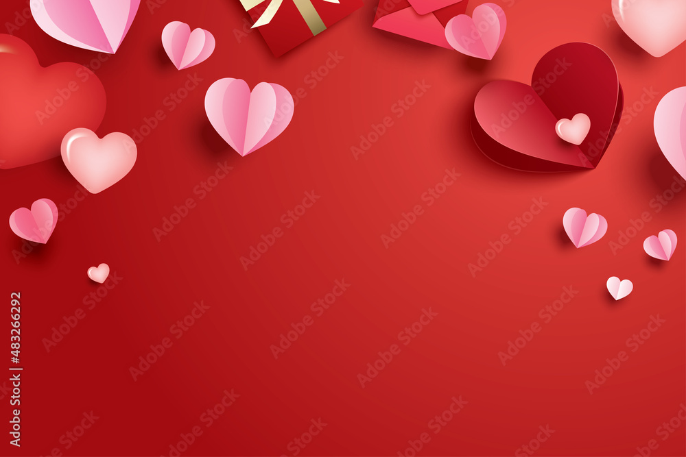 Happy valentines day with paper hearts and copy space on red background.