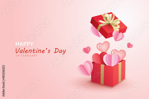 Valentine's day with red gifts boxes and a lot of hearts on pink background.