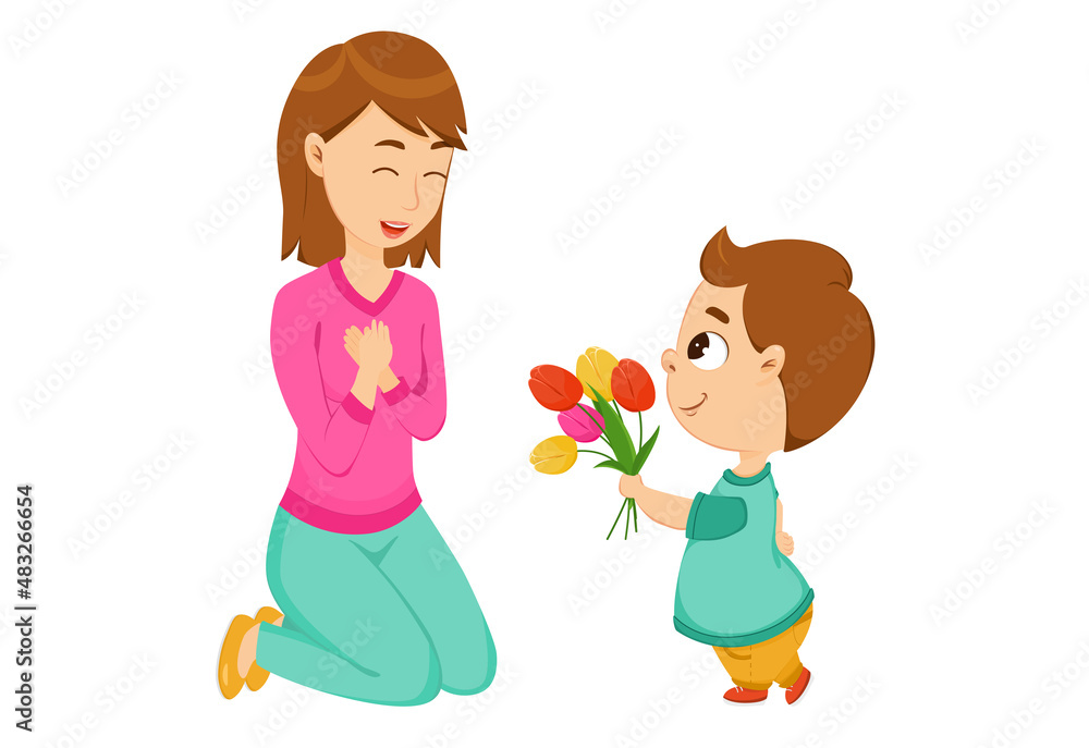 The child gives his mother flowers of tulips. Vector cartoon illustration for Mother's Day. The child gives his mother flowers of tulips. Vector cartoon illustration for Mother's Day.