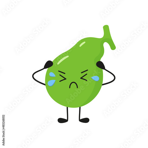 Sick sad kawaii gallbladder. Characters to illustrate the problem of cholecystitis, gallstone disease. Vector isolated illustration on white background.