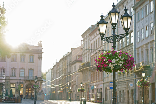 the central square is empty, LVIV, lantern in the middle of an empty square in the city of Lviv, quarantining in the streets of Lviv photo