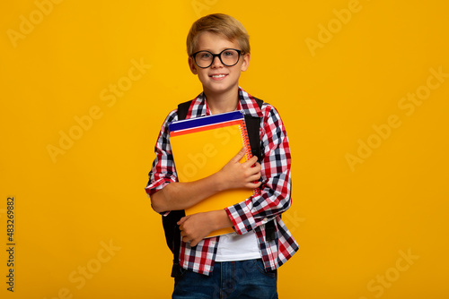 Happy calm caucasian teenager boy wearing casual in glasses with books and notebooks ready to study