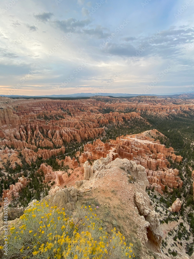 Night begins to fall on the granite Hoodoos of Bryce Canyon National Park, turning the colors of sky beautiful shades of blue and pink and the granit