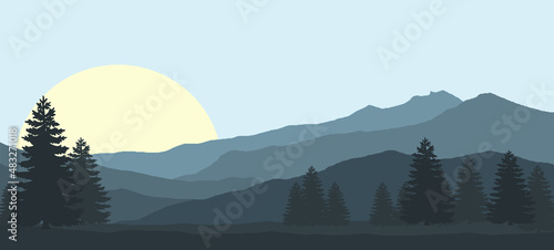 Sunrise in the taiga, illustration.
