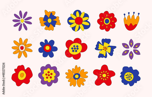 Retro collection of colorful hippie flowers. Vintage festive groovy botanical design. Trendy vector illustration in 70s and 80s style. 