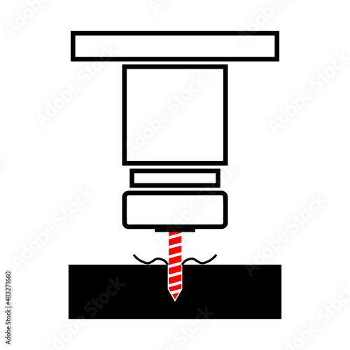 Milling machine head spindle CNC with drill bit drilling workpiece flat vector icon design.