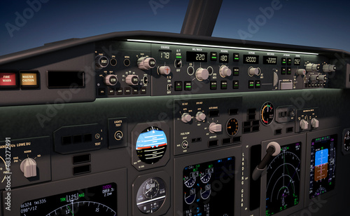 Aircraft close up cockpit view with cockpit lighting