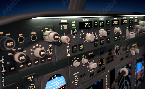 Aircraft close up cockpit view with cockpit lighting 