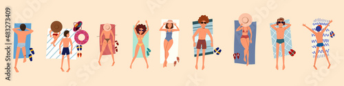 People on the beach or on the seashore relax and sunbathe. Vector isolated illustration in a flat style