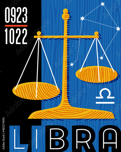 Zodiac sign Libra. Abstract design with balance scales, symbols and constellation. Horoscope and astrology poster. Vector illustration.