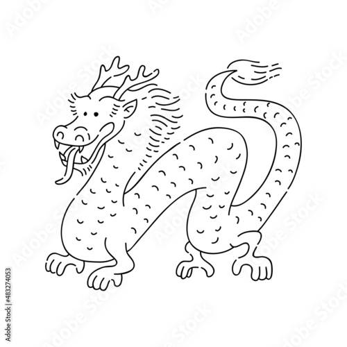 Dragon Chinese vector doodle fantasy animal of Eastern astrological calendar black outline on white background.