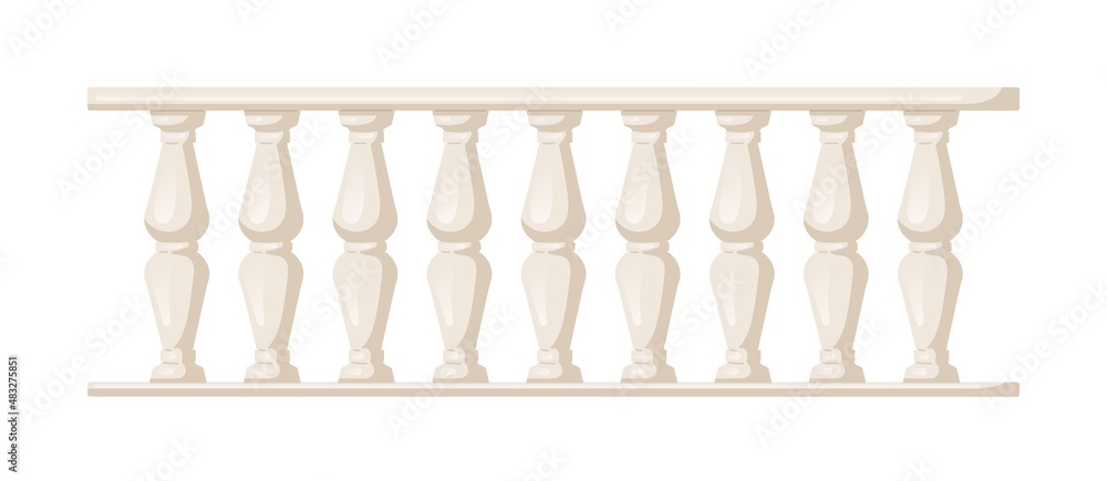 Stone balustrade with balusters for fencing. Palace fence. Balcony handrail with pillars. Decorative railing. Castle architecture element. Flat vector illustration isolated on white background