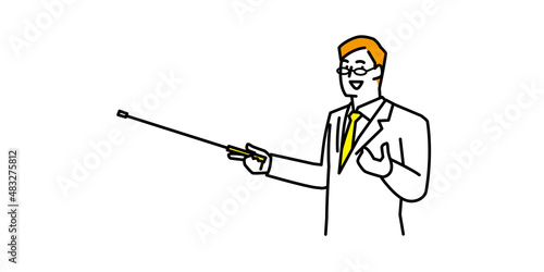 指示棒を使って説明をするメガネをかけた男性イラスト