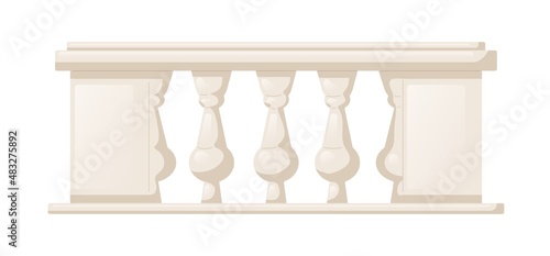 Balustrade with balusters for fencing. Palace decorative railing. Balcony handrail with pillars and gaps. Castle architecture. Realistic flat vector illustration isolated on white background