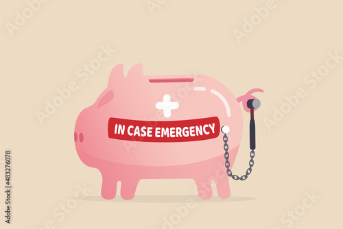 Emergency fund backup plan for crisis time, money or savings when losing job, accident or medical payment concept, pink piggy bank savings account with label in case of emergency and breaking hammer.