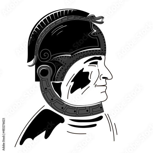 The helmeted knight is drawn in profile in black and white. Stock vector illustration isolated on white background.