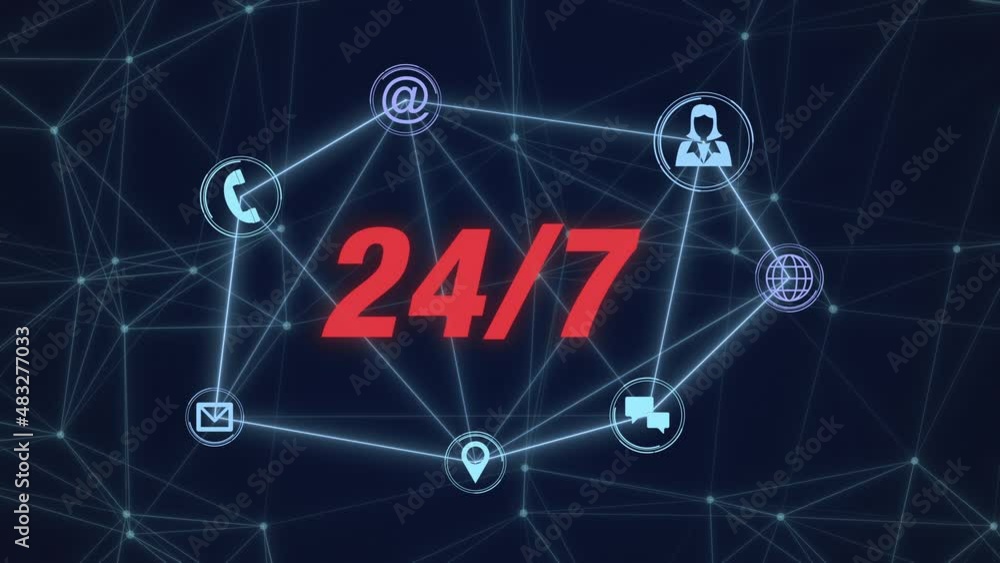 24/7 animation with icons, abstract network grid, concept of customer care support, help desk, call center, seamless loop (3d render) 24/7 animation with icons, abstract network grid, concept of customer care support, help desk, call center, seamless loop (3d render)