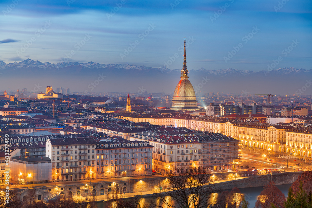 Turin, Piedmont, Italy skyline with the Mole Antonellina