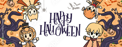 Paper on Halloween concept , Kids in Costume, Dracula Character style, cute cartoon vector for Festival   ,little devil in spiky hat, kids in Halloween costume, Children in vampire costumes