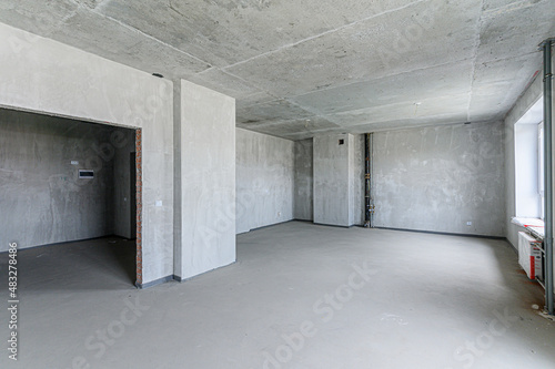 Russia, Moscow- May 19, 2020: interior apartment rough repair for self-finishing. interior decoration, bare walls of the room, stage of construction