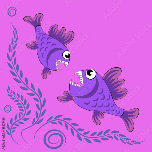 predatory evil piranha fish. Fabulous underwater world. Styling, cartoon style
