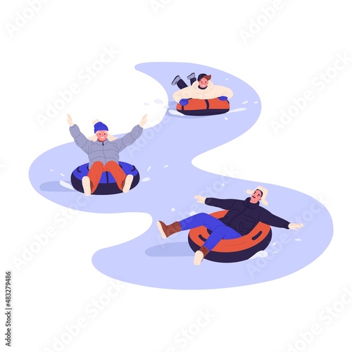 Happy family on tubings slide down slope. Mother, father and child have fun on winter holidays together. Parents and son during outdoor activity. Flat vector illustration isolated on white background