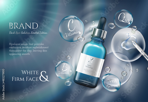 Hyaluronic Acid Moisturizing Skin-care Serum and extract ads. Vector Illustration with Serum container.Top view