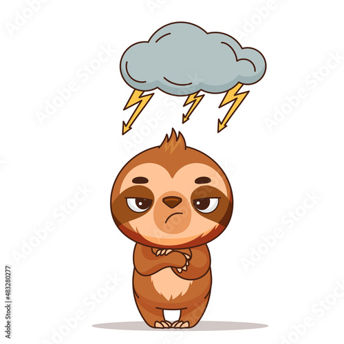 Angry and tired sloth under a thundercloud with lightning. Vector illustration for designs, prints and patterns. Vector illustration