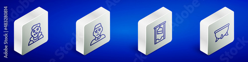 Set Isometric line Vampire, Priest, Guillotine and Halloween witch cauldron icon. Vector