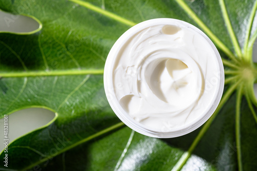 Photography texture of white moisturizer cream on green leaf, eco organic product, natural c