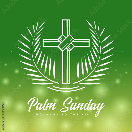Palm sunday - white line plam cross sign and plam leaf around on green background with light vector design