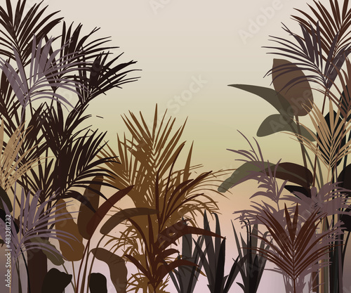 Tropical leaves for wall, hand-drawn plant illustration, Mural, Wallpaper for internal printing