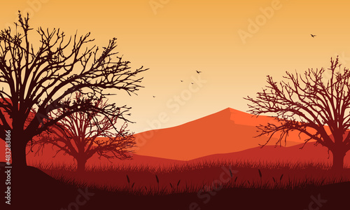 Realistic mountain view of the village with an aesthetic silhouette of surrounding trees