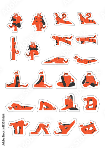 Vector isolated stickers collection with cartoon character doing yoga practice. Asian tiger learns  stretching poses and asanas. Labels with illustration set of basic fitness exercise for beginners