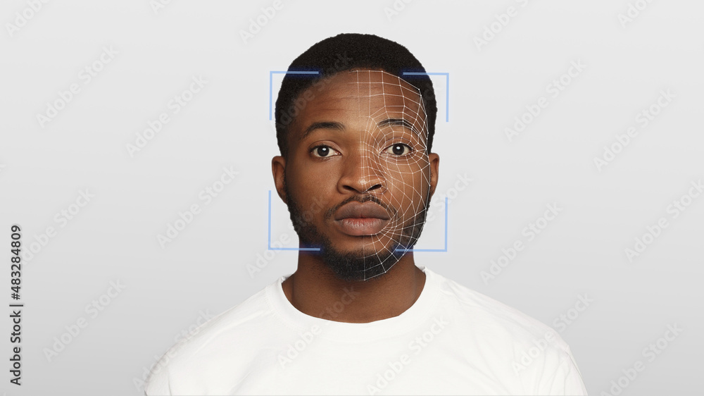 Serious black guy, digital face scheme, isolated on white background Serious black guy, digital face scheme, isolated on white background