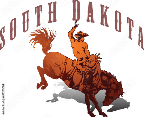 vector banner poster with cowboy rider riding wild mustang horse and South Dakota lettering on white background in book sketch style