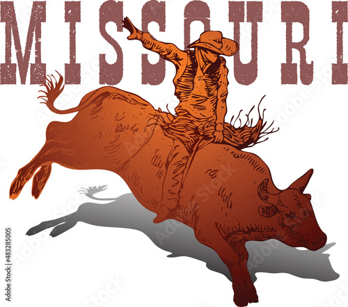 Vector banner poster with cowboy rider on wild bull and Missouri lettering on white background in book sketch style