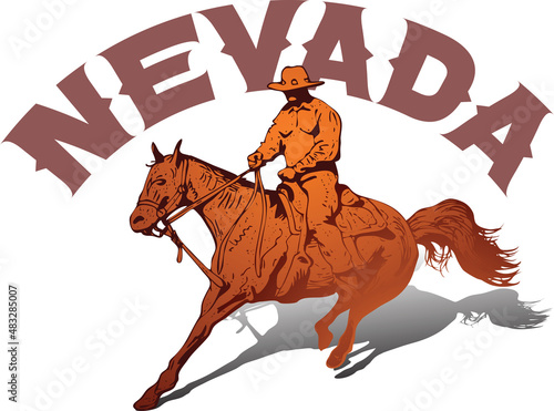 vector banner poster with cowboy rider riding wild mustang horse and Nevada lettering on white background in book sketch style