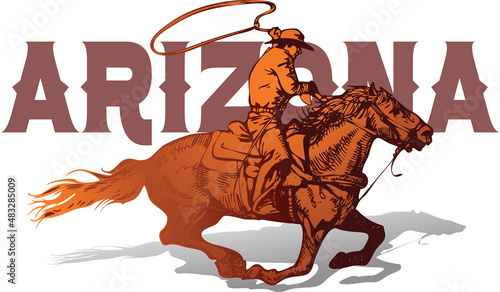 vector banner poster with cowboy rider riding wild mustang horse and Аrizona lettering on white background in book sketch style