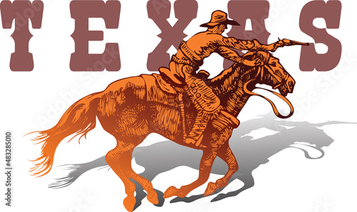 vector banner poster with cowboy rider riding wild mustang horse and Texas lettering on white background in book sketch style