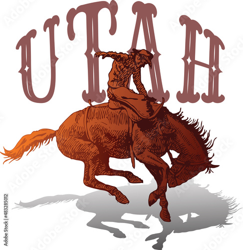 vector banner poster with cowboy rider riding wild mustang horse and Utah lettering on white background in book sketch style
