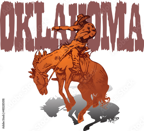 vector banner poster with cowboy rider riding wild mustang horse and Oklahoma lettering on white background in book sketch style